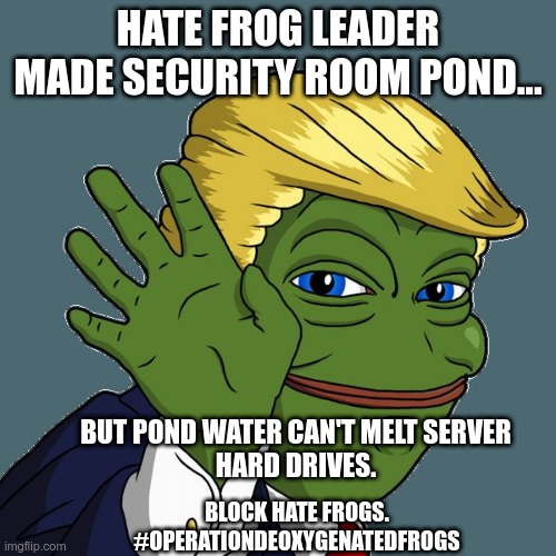 Frog servers | HATE FROG LEADER MADE SECURITY ROOM POND... BUT POND WATER CAN'T MELT SERVER 
HARD DRIVES. BLOCK HATE FROGS.
#OPERATIONDEOXYGENATEDFROGS | image tagged in trump pepe frog,politics,political meme,right wing,leftists,twitter | made w/ Imgflip meme maker