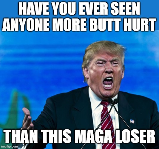 rino trump yelling | HAVE YOU EVER SEEN ANYONE MORE BUTT HURT; THAN THIS MAGA LOSER | image tagged in trump yelling,rino,maga,donald trump the clown,nevertrump,donald trump is an idiot | made w/ Imgflip meme maker