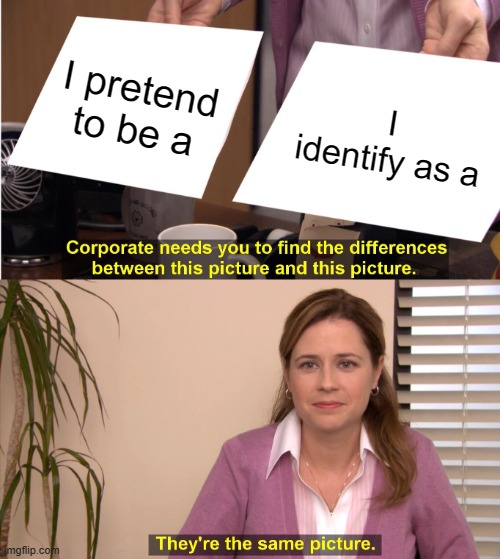 are we roleplaying? | I pretend to be a; I identify as a | image tagged in memes,they're the same picture | made w/ Imgflip meme maker