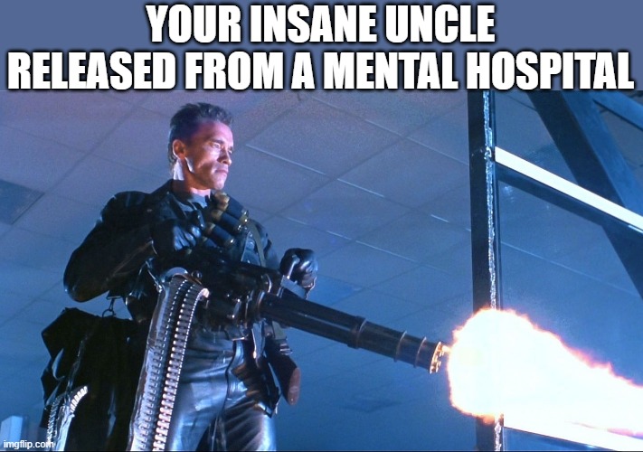 Terminator Minigun Arnold Schwarzenegger | YOUR INSANE UNCLE RELEASED FROM A MENTAL HOSPITAL | image tagged in terminator minigun arnold schwarzenegger | made w/ Imgflip meme maker