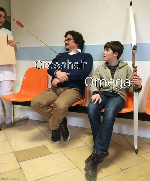 their dynamic in a nutshell | Crosshair; Omega | image tagged in guy with arrow in their shoulder | made w/ Imgflip meme maker