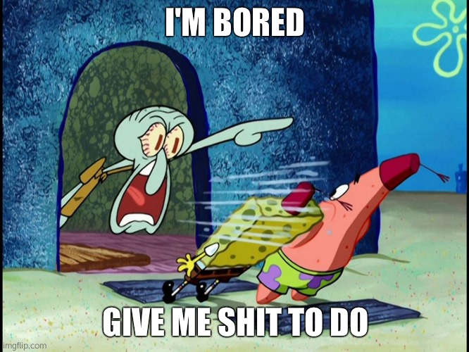 Yelling Squidward | I'M BORED; GIVE ME SHIT TO DO | image tagged in yelling squidward | made w/ Imgflip meme maker