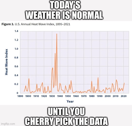 You want proof climate change is a nefarious hoax? Here it is. | TODAY’S WEATHER IS NORMAL; UNTIL YOU CHERRY PICK THE DATA | image tagged in climate change,data,cherry pick,hoax | made w/ Imgflip meme maker