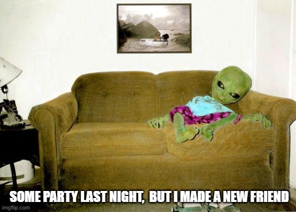 Some party last night,  but I made a new friend | SOME PARTY LAST NIGHT,  BUT I MADE A NEW FRIEND | image tagged in beer,aliens | made w/ Imgflip meme maker