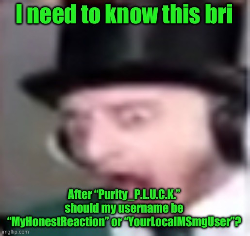 suprised | I need to know this bri; After “Purity_P.L.U.C.K.” should my username be “MyHonestReaction” or “YourLocalMSmgUser”? | image tagged in suprised | made w/ Imgflip meme maker