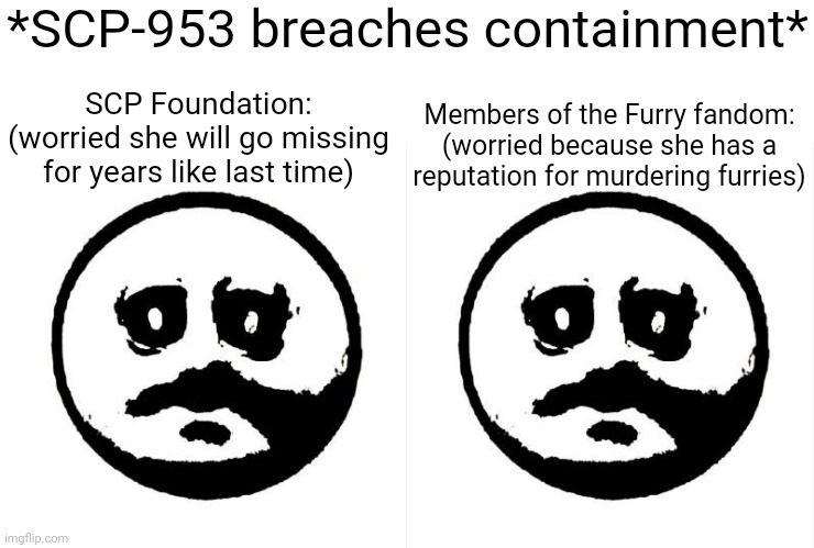 *SCP-953 breaches containment*; SCP Foundation: (worried she will go missing for years like last time); Members of the Furry fandom: (worried because she has a reputation for murdering furries) | image tagged in the face of dread | made w/ Imgflip meme maker