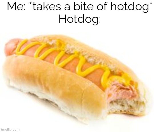 meme | Me: *takes a bite of hotdog*
Hotdog: | image tagged in blank white template | made w/ Imgflip meme maker