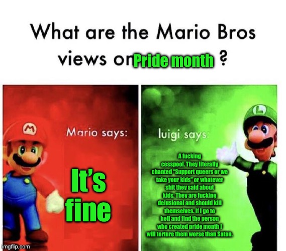Mario Bros Views | Pride month; It’s fine; A fucking cesspool. They literally chanted “Support queers or we take your kids” or whatever shit they said about kids. They are fucking delusional and should kill themselves. If I go to hell and find the person who created pride month I will torture them worse than Satan. | image tagged in mario bros views | made w/ Imgflip meme maker