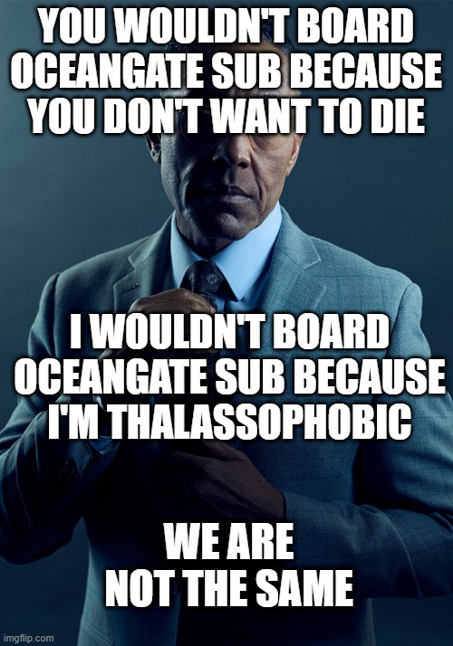 Gus Fring we are not the same | YOU WOULDN'T BOARD OCEANGATE SUB BECAUSE YOU DON'T WANT TO DIE; I WOULDN'T BOARD OCEANGATE SUB BECAUSE I'M THALASSOPHOBIC; WE ARE NOT THE SAME | image tagged in gus fring we are not the same,memes,oceangate,titan submarine | made w/ Imgflip meme maker