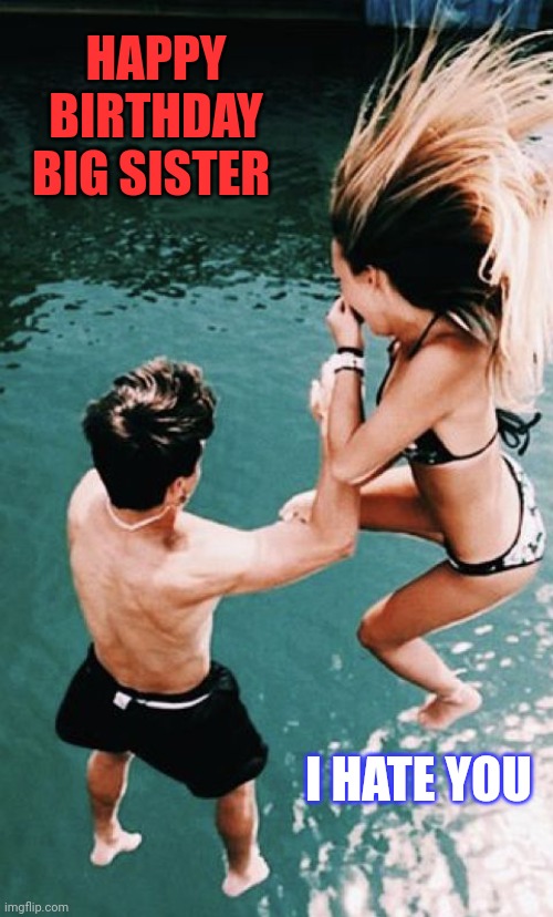 Happy birthday | HAPPY BIRTHDAY BIG SISTER; I HATE YOU | image tagged in best friend,siblings,happy birthday,holidays | made w/ Imgflip meme maker