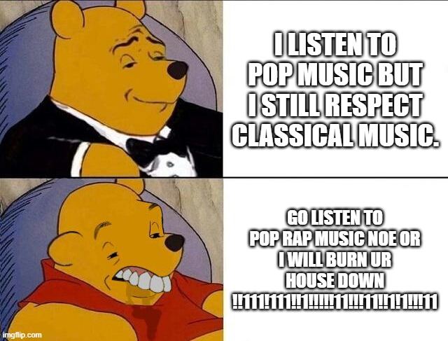 Very True... | I LISTEN TO POP MUSIC BUT I STILL RESPECT CLASSICAL MUSIC. GO LISTEN TO POP RAP MUSIC NOE OR I WILL BURN UR HOUSE DOWN !!111!111!!1!!!!!11!!!11!!1!1!!!11 | image tagged in tuxedo winnie the pooh grossed reverse | made w/ Imgflip meme maker