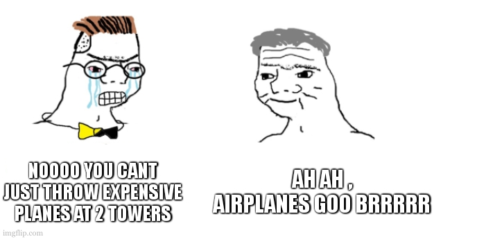 9/11 meme bec wynaut ? | NOOOO YOU CANT JUST THROW EXPENSIVE PLANES AT 2 TOWERS; AH AH , AIRPLANES GOO BRRRRR | image tagged in nooo haha go brrr,9/11,airplanes,meme | made w/ Imgflip meme maker