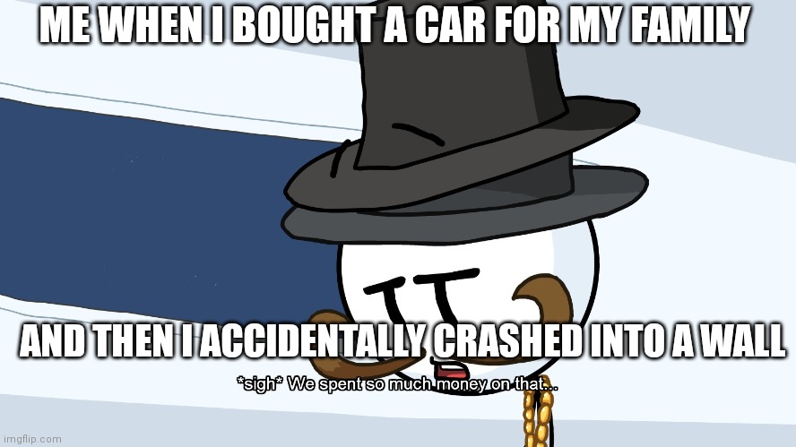 BRUH | ME WHEN I BOUGHT A CAR FOR MY FAMILY; AND THEN I ACCIDENTALLY CRASHED INTO A WALL | image tagged in we spent much money on that | made w/ Imgflip meme maker