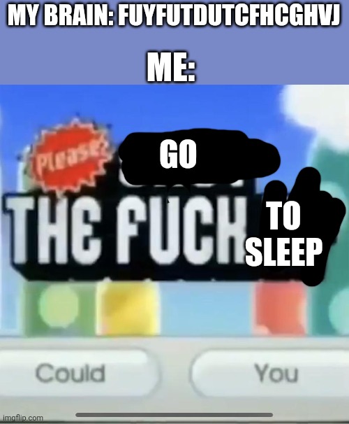 please shut the fucc up could you | ME:; MY BRAIN: FUYFUTDUTCFHCGHVJ; GO; TO SLEEP | image tagged in please shut the fucc up could you | made w/ Imgflip meme maker