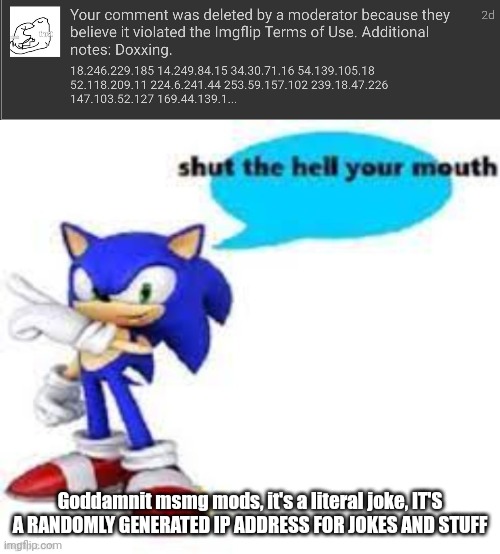 This is mod abuse | Goddamnit msmg mods, it's a literal joke, IT'S A RANDOMLY GENERATED IP ADDRESS FOR JOKES AND STUFF | image tagged in shut the hell your mouth | made w/ Imgflip meme maker