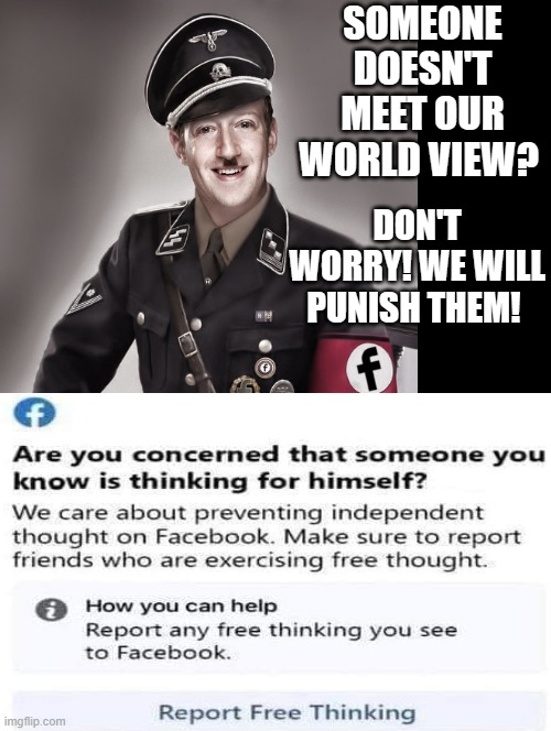How can we help Zuckerberg? Report all that do not agree with our world view! | SOMEONE DOESN'T MEET OUR WORLD VIEW? DON'T WORRY! WE WILL PUNISH THEM! | image tagged in neo-nazis,nazi clown,freedom of speech,idiots | made w/ Imgflip meme maker
