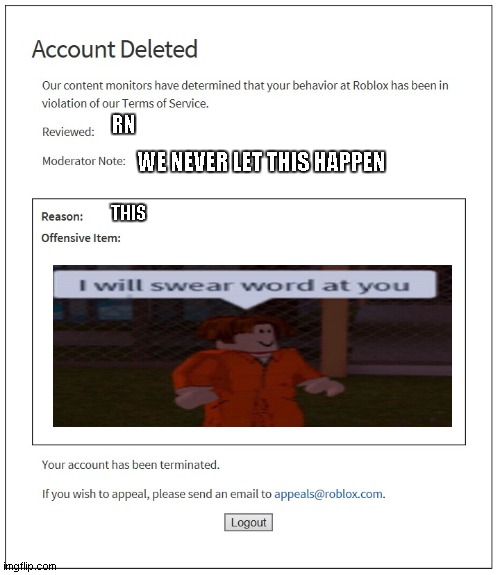 swer wrod | RN; WE NEVER LET THIS HAPPEN; THIS | image tagged in banned from roblox | made w/ Imgflip meme maker