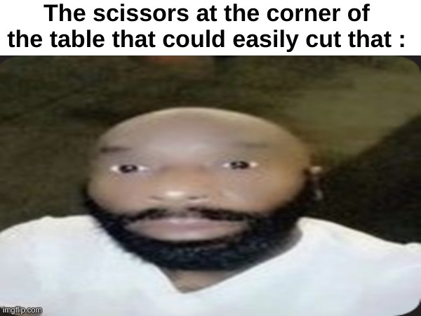 The scissors at the corner of the table that could easily cut that : | made w/ Imgflip meme maker