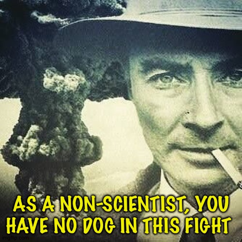 Robert J. Oppenheimer | AS A NON-SCIENTIST, YOU HAVE NO DOG IN THIS FIGHT | image tagged in robert j oppenheimer | made w/ Imgflip meme maker