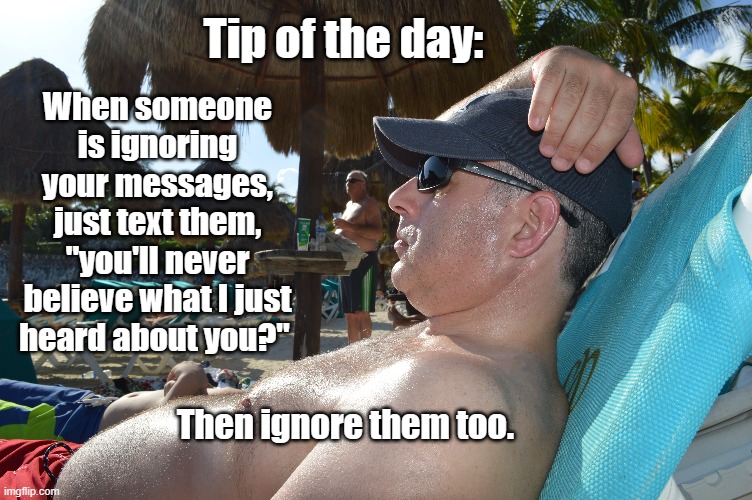 Ignore | Tip of the day:; When someone is ignoring your messages, just text them, "you'll never believe what I just heard about you?"; Then ignore them too. | image tagged in text,text messages,ignore,guess what,tip | made w/ Imgflip meme maker