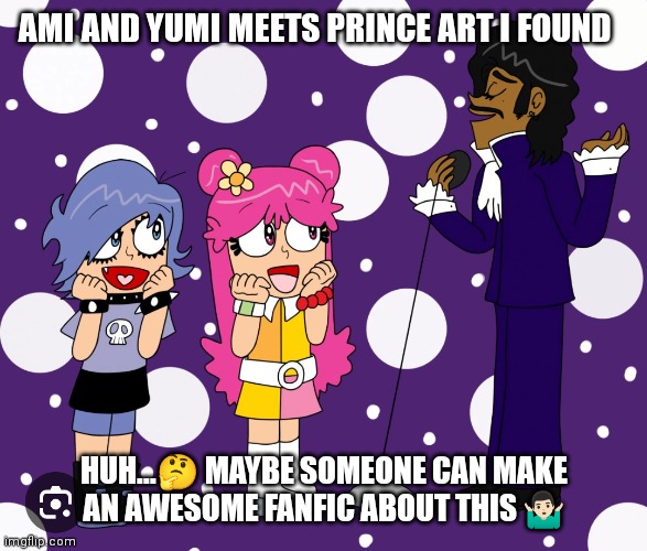 It looks like it would be an awesome crossover for them to meet prince and Michael maybe | AMI AND YUMI MEETS PRINCE ART I FOUND; HUH...🤔 MAYBE SOMEONE CAN MAKE AN AWESOME FANFIC ABOUT THIS 🤷🏻‍♂️ | image tagged in hi hi puffy ami yumi,hi hi puffy x michael jackson and prince,one of the king of pops next to michael,good funny crossover | made w/ Imgflip meme maker