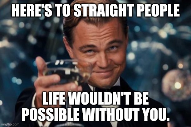 Give yourself a pat on the back straight people. | HERE'S TO STRAIGHT PEOPLE; LIFE WOULDN'T BE POSSIBLE WITHOUT YOU. | image tagged in memes,leonardo dicaprio cheers | made w/ Imgflip meme maker