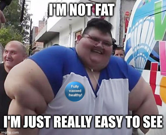 hes got a point | I'M NOT FAT; I'M JUST REALLY EASY TO SEE | image tagged in obese guy,fat people,excuses,idiots,seems legit,funny | made w/ Imgflip meme maker