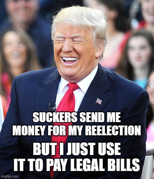 SUCKERS SEND ME MONEY FOR MY REELECTION; BUT I JUST USE IT TO PAY LEGAL BILLS | image tagged in trump,suckers,money | made w/ Imgflip meme maker