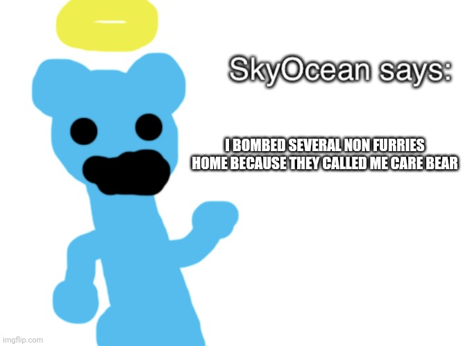 SkyOcean69420 says | I BOMBED SEVERAL NON FURRIES HOME BECAUSE THEY CALLED ME CARE BEAR | image tagged in skyocean69420 says | made w/ Imgflip meme maker