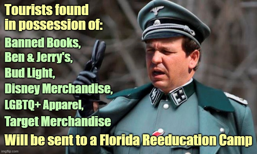 Will vacationing in anti-woke Florida eventually come down to this? | Tourists found in possession of:; Banned Books, Ben & Jerry's, Bud Light, Disney Merchandise, LGBTQ+ Apparel, Target Merchandise; Will be sent to a Florida Reeducation Camp | image tagged in ron desantis,florida,woke,boycott,tourism | made w/ Imgflip meme maker