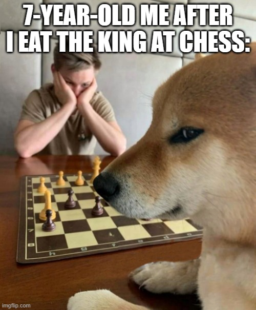 Chess doge | 7-YEAR-OLD ME AFTER I EAT THE KING AT CHESS: | image tagged in chess doge | made w/ Imgflip meme maker