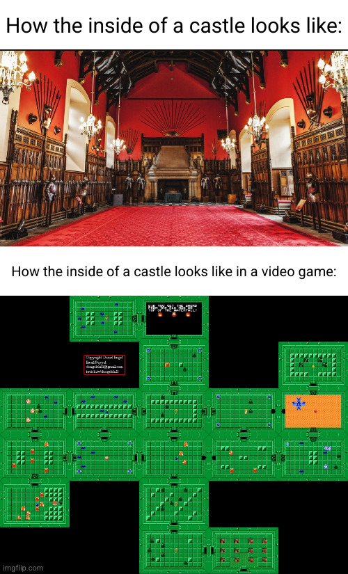 it's always shaped wierd and it's just an escape room inside | How the inside of a castle looks like:; How the inside of a castle looks like in a video game: | image tagged in so true,video games,castle,the legend of zelda,prison escape,funny | made w/ Imgflip meme maker