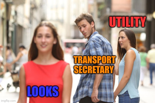 Guy checks out red dress girl | LOOKS TRANSPORT SECRETARY UTILITY | image tagged in guy checks out red dress girl | made w/ Imgflip meme maker