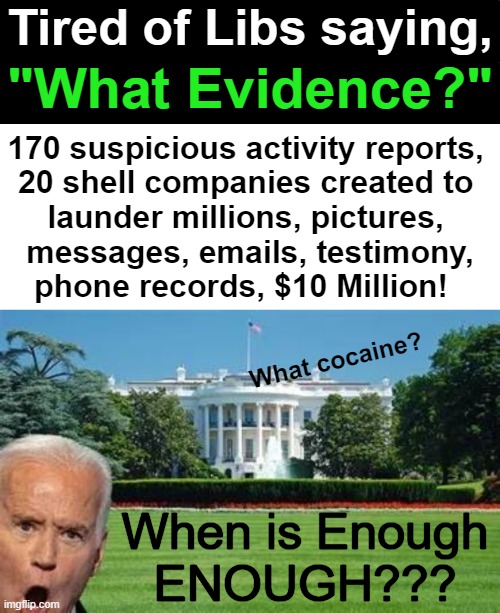 The Dam is About to Break | "What Evidence?"; Tired of Libs saying, 170 suspicious activity reports, 
20 shell companies created to 
launder millions, pictures, 
messages, emails, testimony,
phone records, $10 Million! What cocaine? When is Enough
ENOUGH??? | image tagged in politics,joe biden,evidence,this isn't how you're supposed to play the game,double standards,government corruption | made w/ Imgflip meme maker