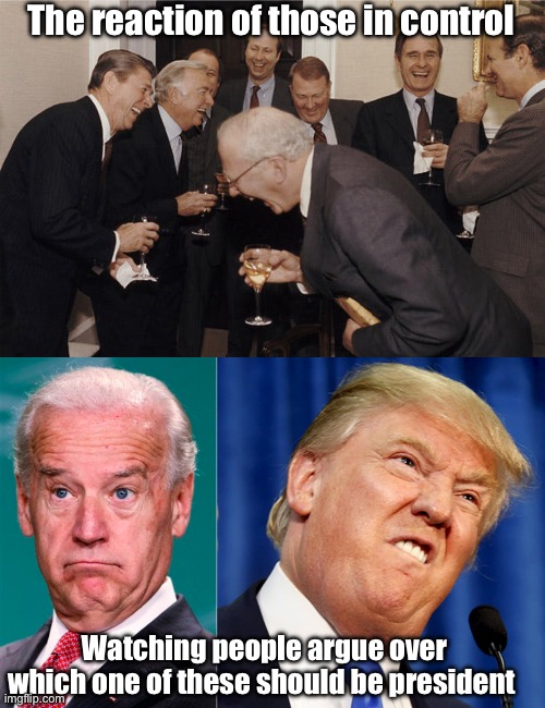 We’re all being played | The reaction of those in control; Watching people argue over which one of these should be president | image tagged in laughing politicians,joe biden,donald trump,politics lol,memes,derp | made w/ Imgflip meme maker