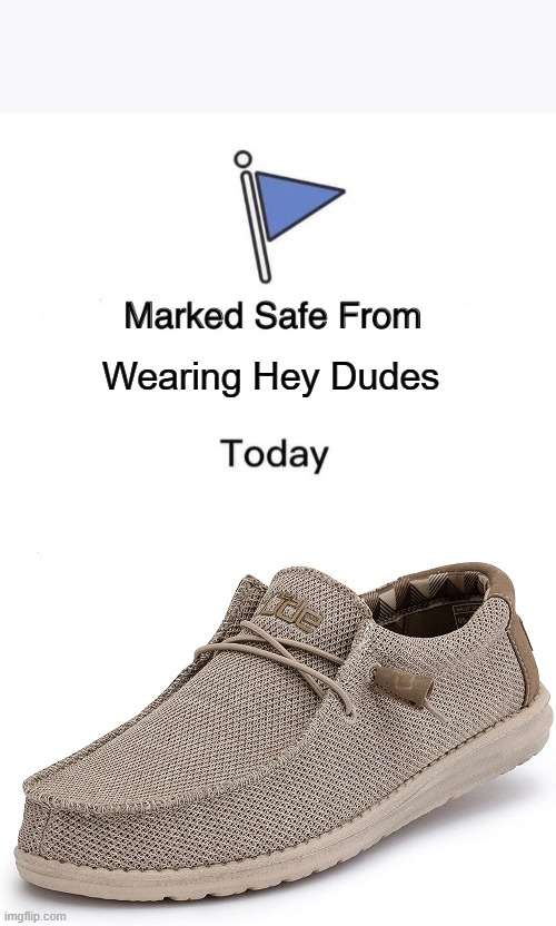 NO HEY DUDES FOR ME! | Wearing Hey Dudes | image tagged in memes,marked safe from | made w/ Imgflip meme maker