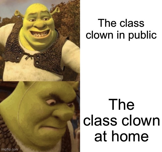 Title | The class clown in public; The class clown at home | image tagged in shrek angry,memes,funny,shrek | made w/ Imgflip meme maker