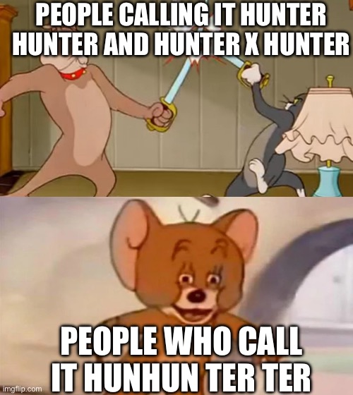 Tom and Jerry cat Dog Fight | PEOPLE CALLING IT HUNTER HUNTER AND HUNTER X HUNTER; PEOPLE WHO CALL IT HUNHUN TER TER | image tagged in tom and jerry cat dog fight | made w/ Imgflip meme maker