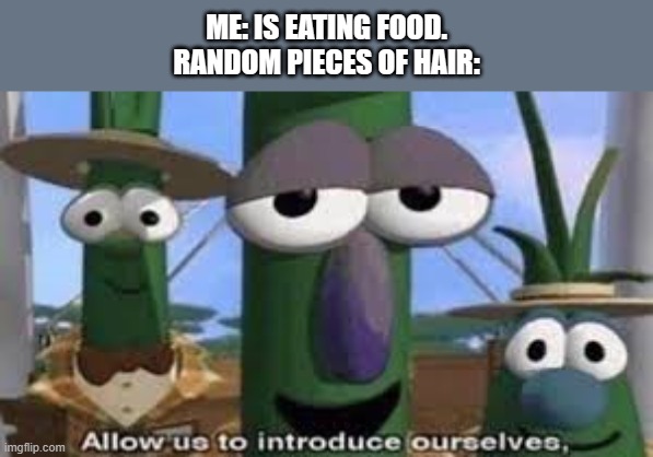 Allow us to introduce ourselves | ME: IS EATING FOOD.
RANDOM PIECES OF HAIR: | image tagged in allow us to introduce ourselves,memes | made w/ Imgflip meme maker
