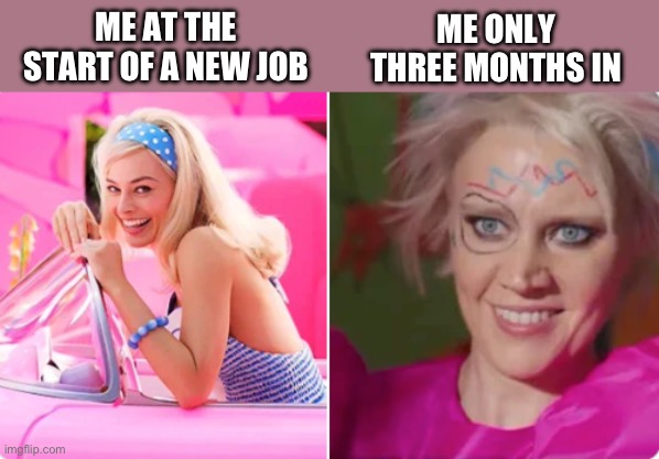 Working Barbie | ME ONLY THREE MONTHS IN; ME AT THE START OF A NEW JOB | image tagged in barbie vs weird barbie,new job,work,barbie | made w/ Imgflip meme maker