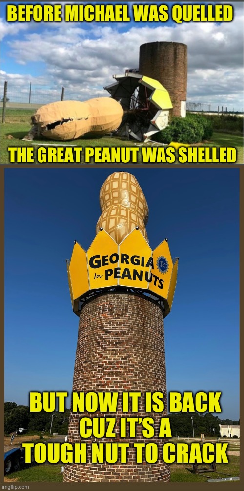 Ashburn, Georgia 2018-2023 | BEFORE MICHAEL WAS QUELLED; THE GREAT PEANUT WAS SHELLED; BUT NOW IT IS BACK
CUZ IT’S A TOUGH NUT TO CRACK | image tagged in hurricane michael,great peanut monument,asbury,georgia | made w/ Imgflip meme maker