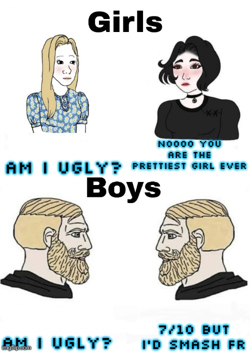 Girls vs Boys | noooo you are the prettiest girl ever; am I ugly? 7/10 but I'd smash fr; am I ugly? | image tagged in girls vs boys | made w/ Imgflip meme maker