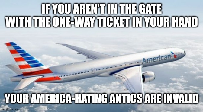 American Airlines Jet | IF YOU AREN'T IN THE GATE WITH THE ONE-WAY TICKET IN YOUR HAND; YOUR AMERICA-HATING ANTICS ARE INVALID | image tagged in american airlines jet | made w/ Imgflip meme maker