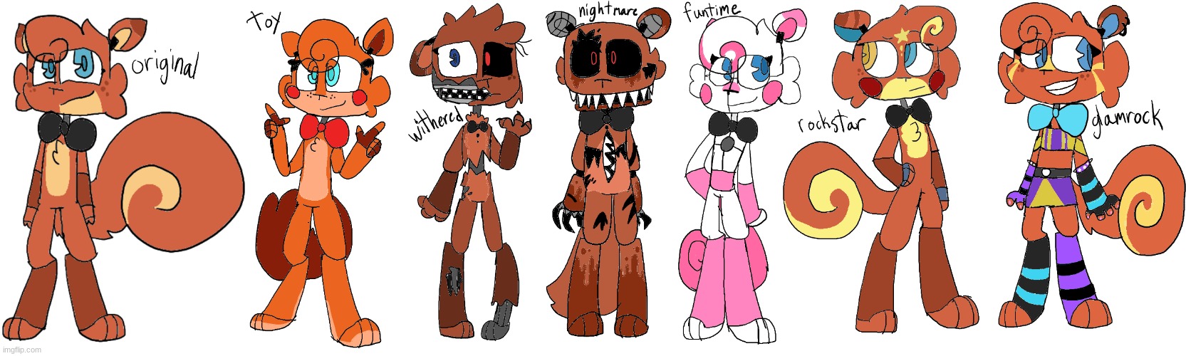 Every variation of Springy the Squirrel. No watermelon. | image tagged in fnaf,ocs | made w/ Imgflip meme maker