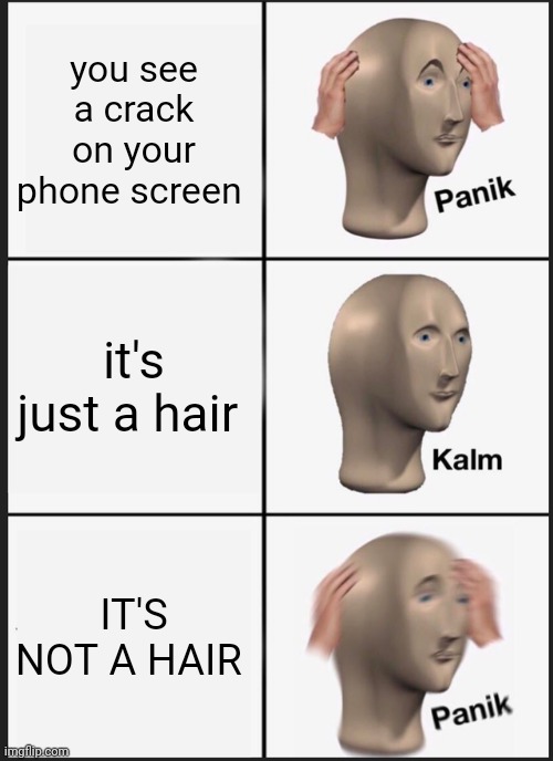 start to panic | you see a crack on your phone screen; it's just a hair; IT'S NOT A HAIR | image tagged in memes,panik kalm panik,phone,screen cracks,repost | made w/ Imgflip meme maker