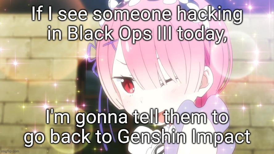 Hackers are completely ruining the game and Activision still hasn't done anything about it | If I see someone hacking in Black Ops III today, I'm gonna tell them to go back to Genshin Impact | image tagged in ram re zero | made w/ Imgflip meme maker