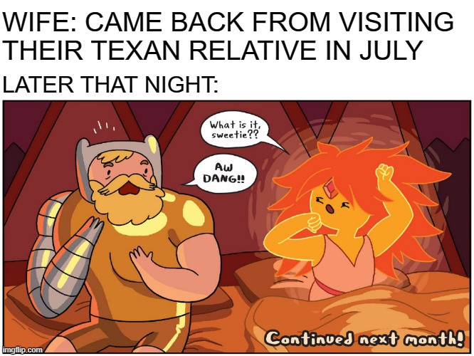 Goodbye July, You Will Be Missed | WIFE: CAME BACK FROM VISITING THEIR TEXAN RELATIVE IN JULY; LATER THAT NIGHT: | image tagged in morning,funny,funny memes,relatable,hot | made w/ Imgflip meme maker