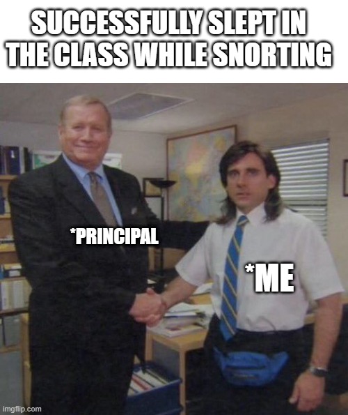 I did what other can't do | SUCCESSFULLY SLEPT IN THE CLASS WHILE SNORTING; *PRINCIPAL; *ME | image tagged in the office congratulations | made w/ Imgflip meme maker