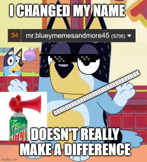 roasted my self | I CHANGED MY NAME; OHHHHHHHHHHHHHHHHHHHHHHHHHHHH; DOESN'T REALLY MAKE A DIFFERENCE | image tagged in bluey bandit too tired to care,memes,roasted,bluey | made w/ Imgflip meme maker