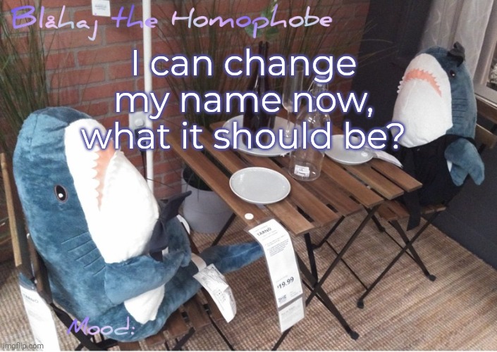 Blåhaj annoucment template | I can change my name now, what it should be? | image tagged in bl haj annoucment template | made w/ Imgflip meme maker